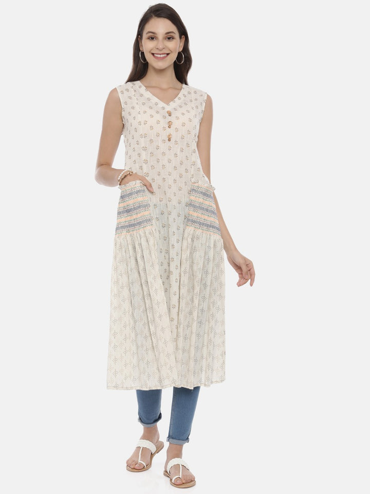 Neerus White cotton printed A-Line kurta - front view