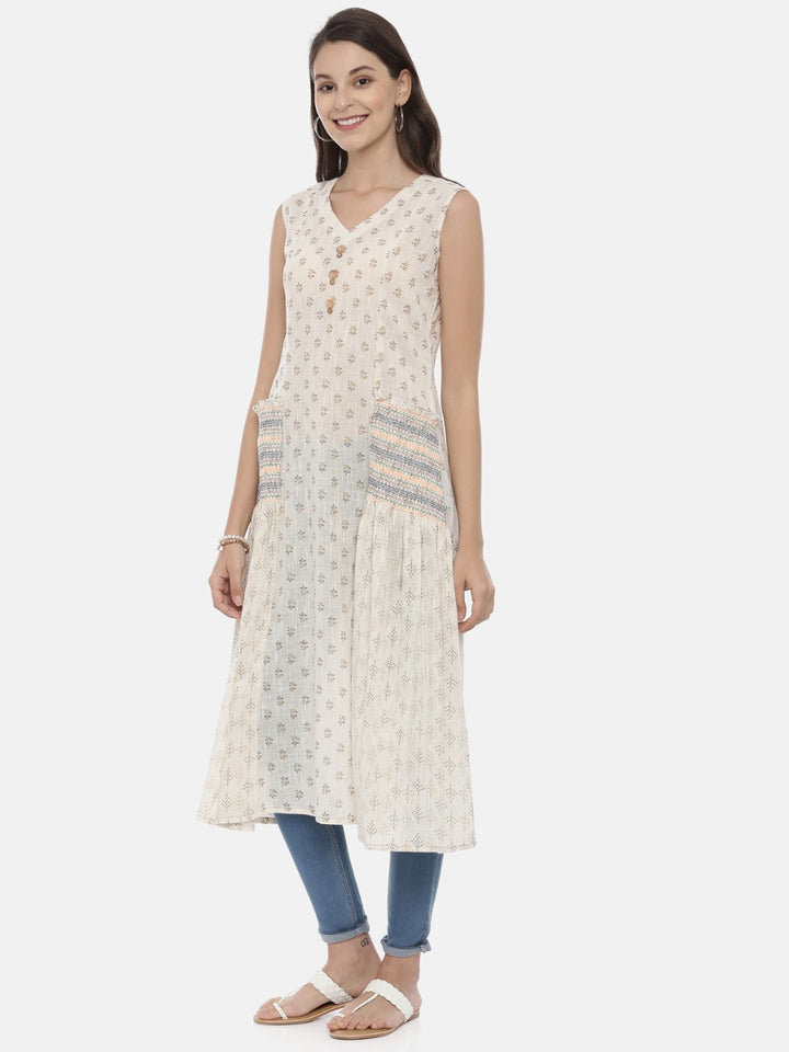 Neerus White cotton printed A-Line kurta - side view