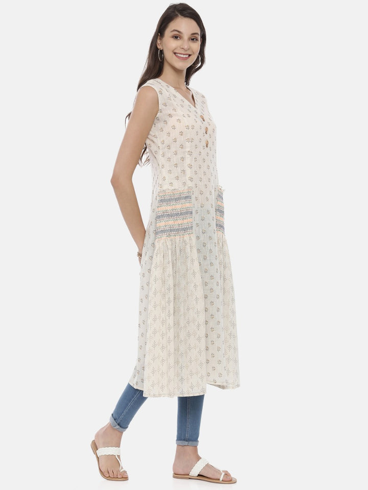 Neerus White cotton printed A-Line kurta - detail view 1