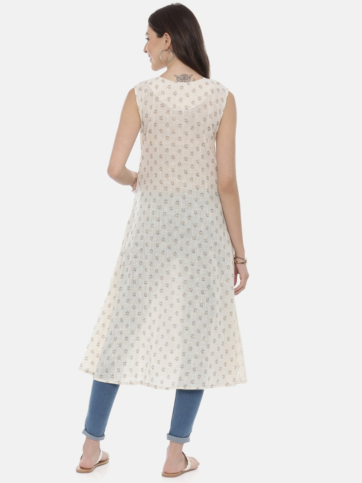 Neerus White cotton printed A-Line kurta - detail view 2