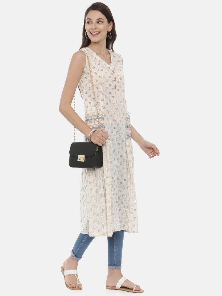 Neerus White cotton printed A-Line kurta - detail view 3