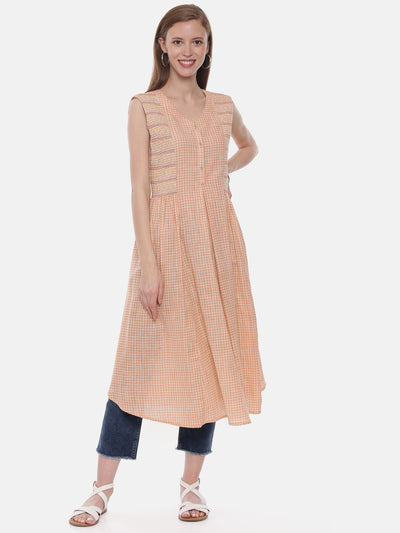 Neeru's Peach Check Flared Kurta