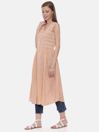 Neeru's Peach Check Flared Kurta