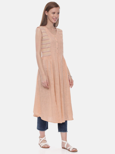 Neeru's Peach Check Flared Kurta