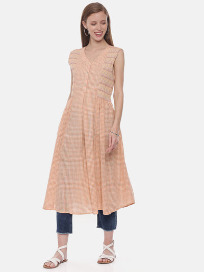Neeru's Peach Check Flared Kurta