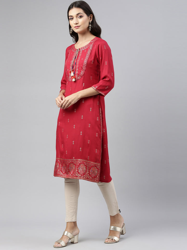 Neerus Red Printed Straight Kurta