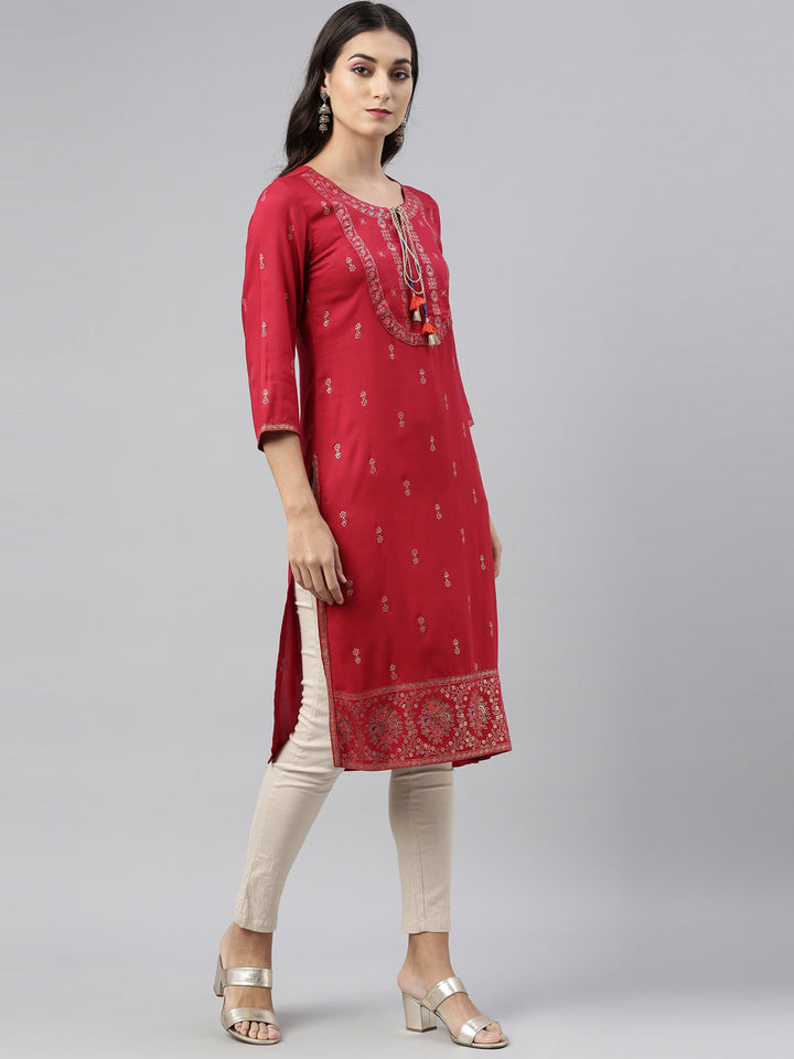 Neerus Red Printed Straight Kurta