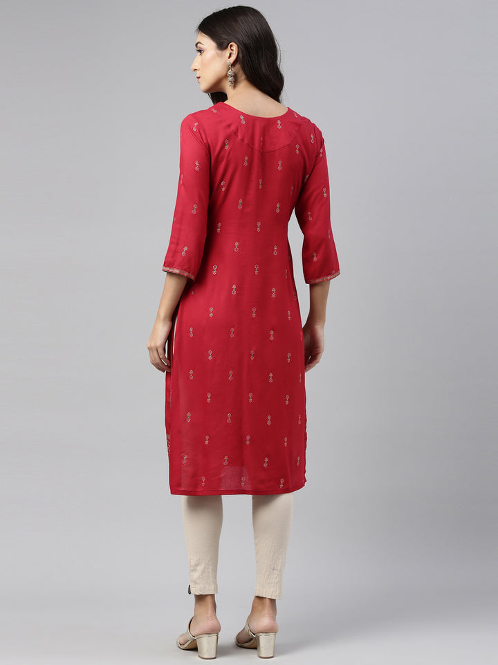 Neerus Red Printed Straight Kurta