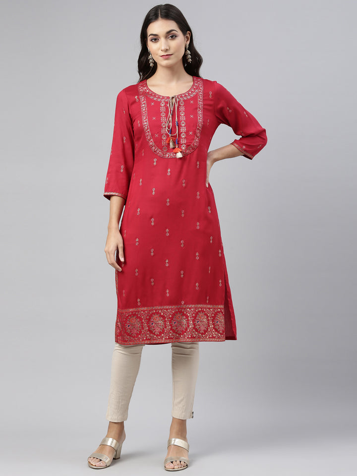 Neerus Red Printed Straight Kurta