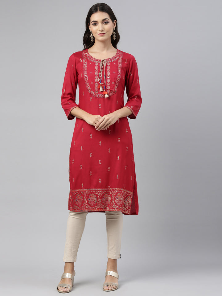 Neerus Red Printed Straight Kurta