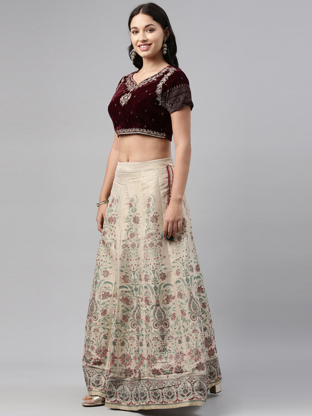 Neerus Maroon velvet crop top blouse - back view