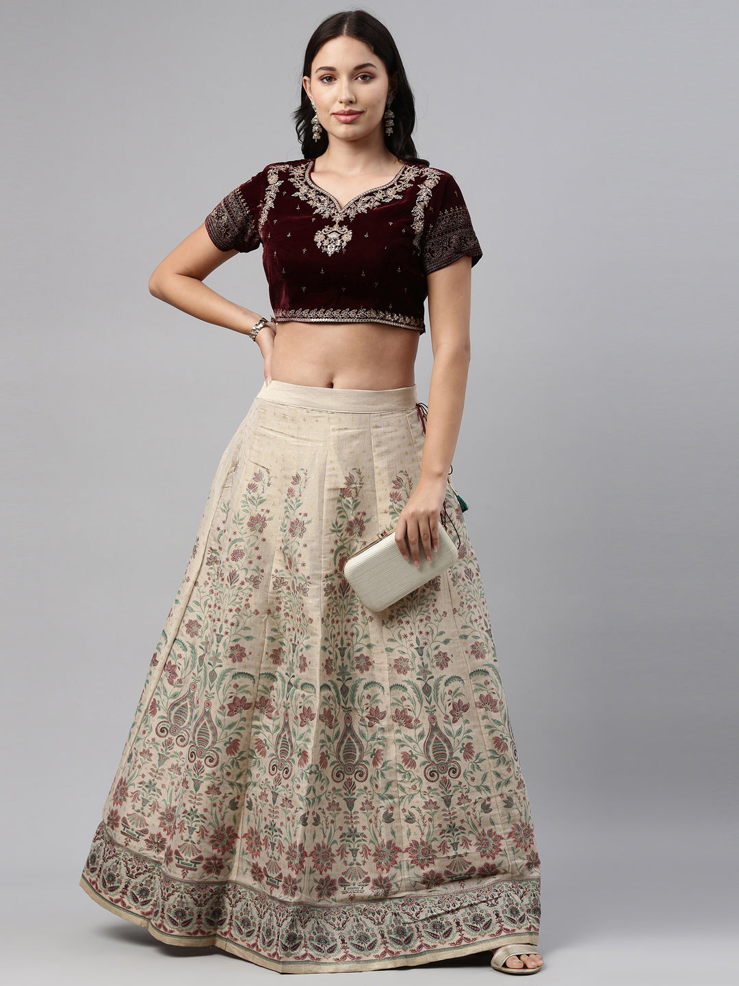 Neerus Maroon velvet crop top blouse - front view