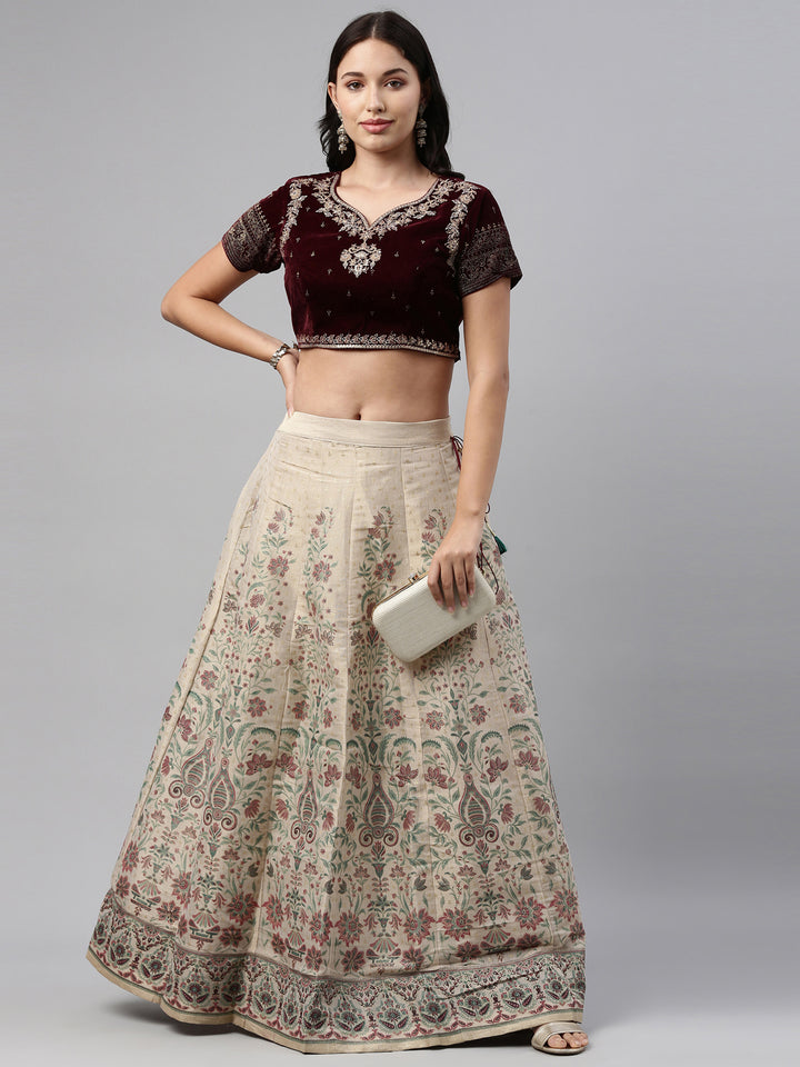 Neerus Maroon velvet crop top blouse - front view