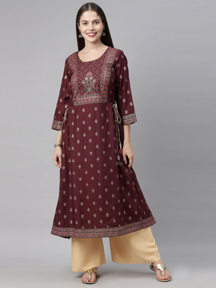 Neerus Brown Printed Flared Kurta