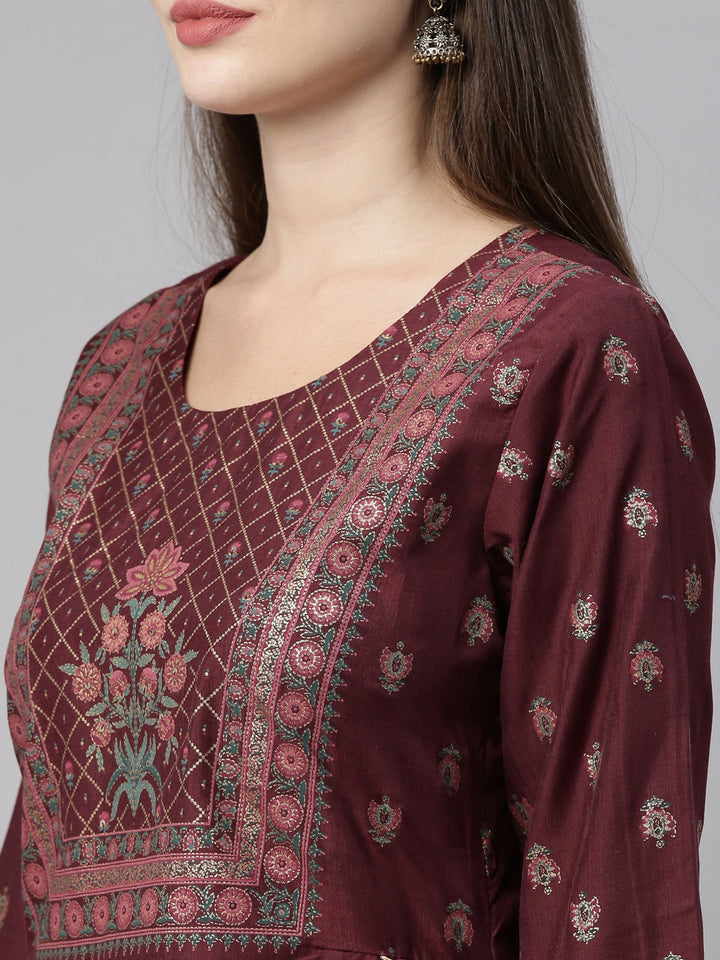 Neerus Brown Printed Flared Kurta