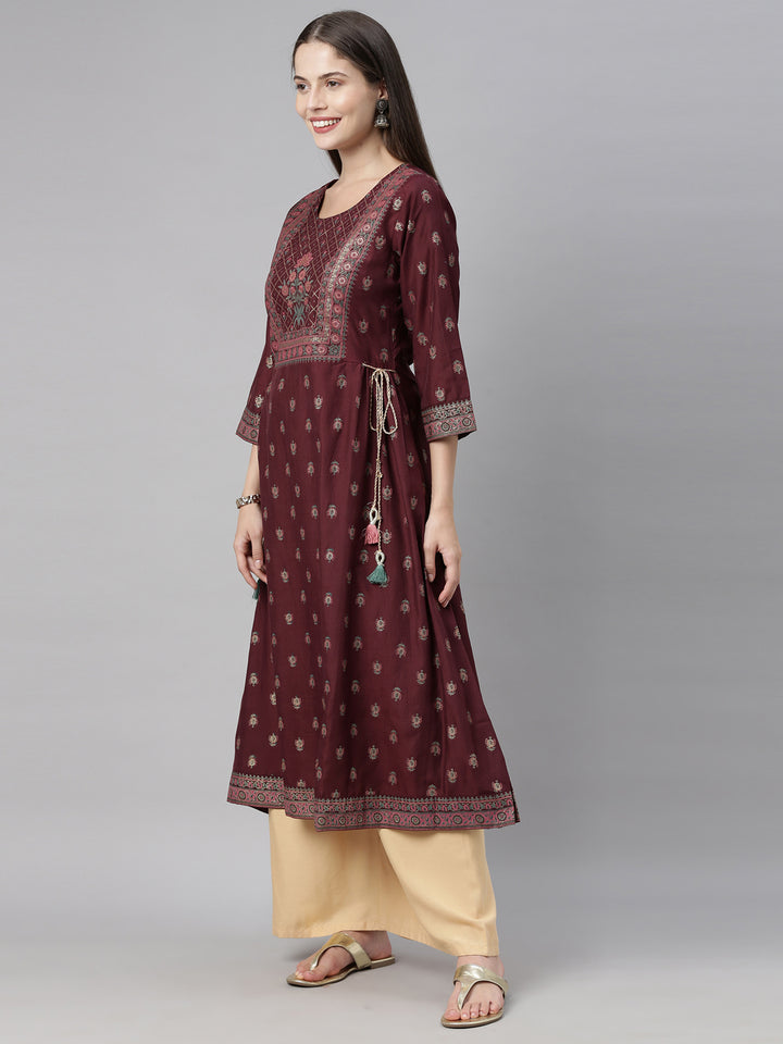 Neerus Brown Printed Flared Kurta