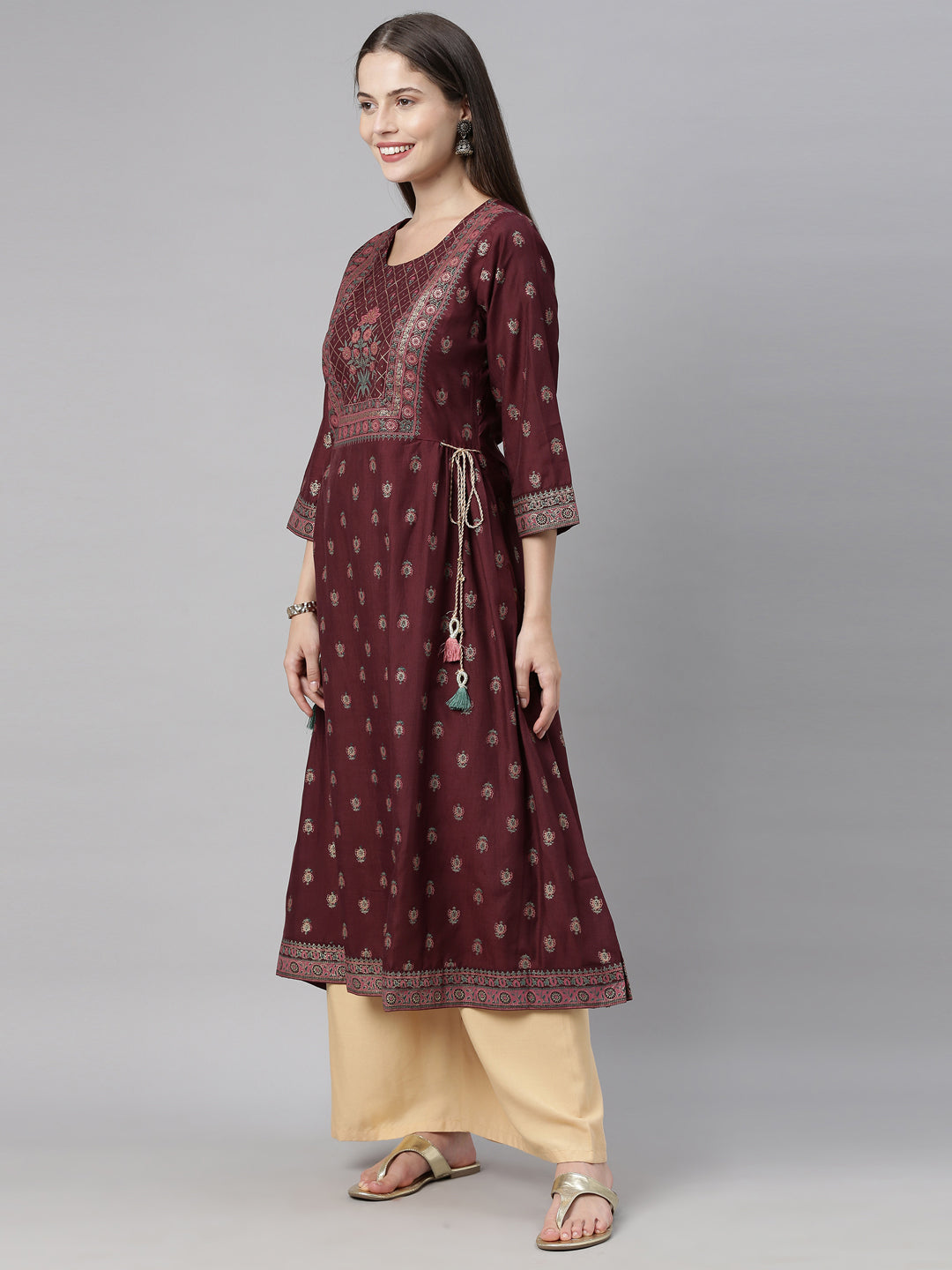 Neeru's Brown Printed Flared Kurta