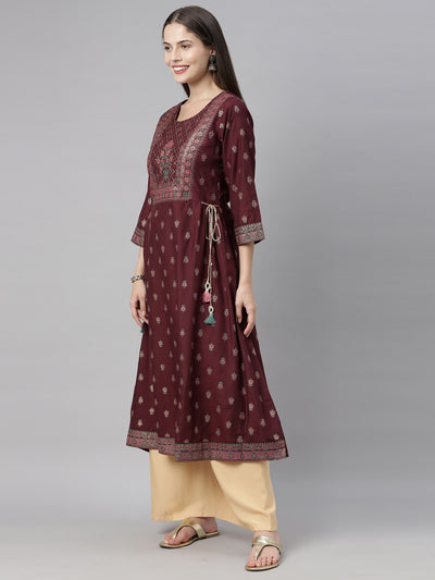 Neeru's Brown Printed Flared Kurta
