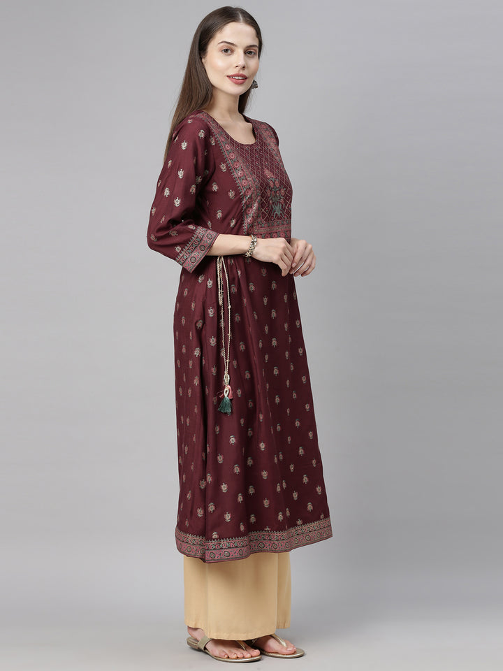 Neerus Brown Printed Flared Kurta