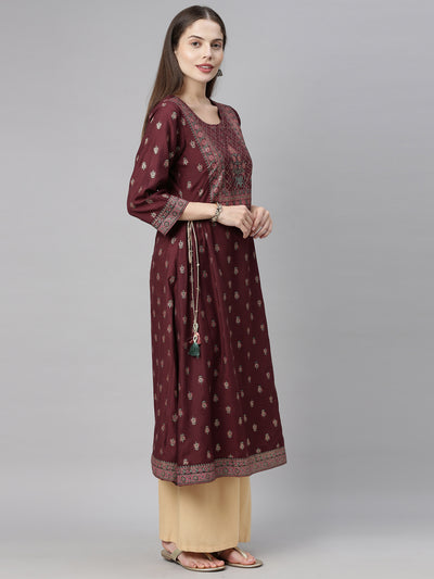 Neeru's Brown Printed Flared Kurta