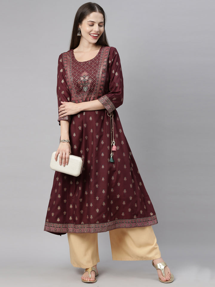 Neerus Brown Printed Flared Kurta