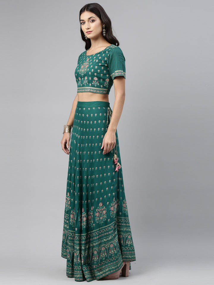Neerus Green Color Rayon Fabric Crop-Top