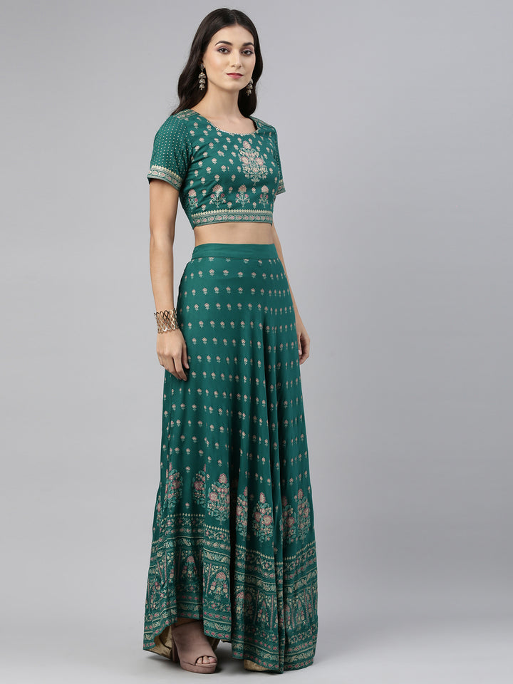 Neerus Green Color Rayon Fabric Crop-Top