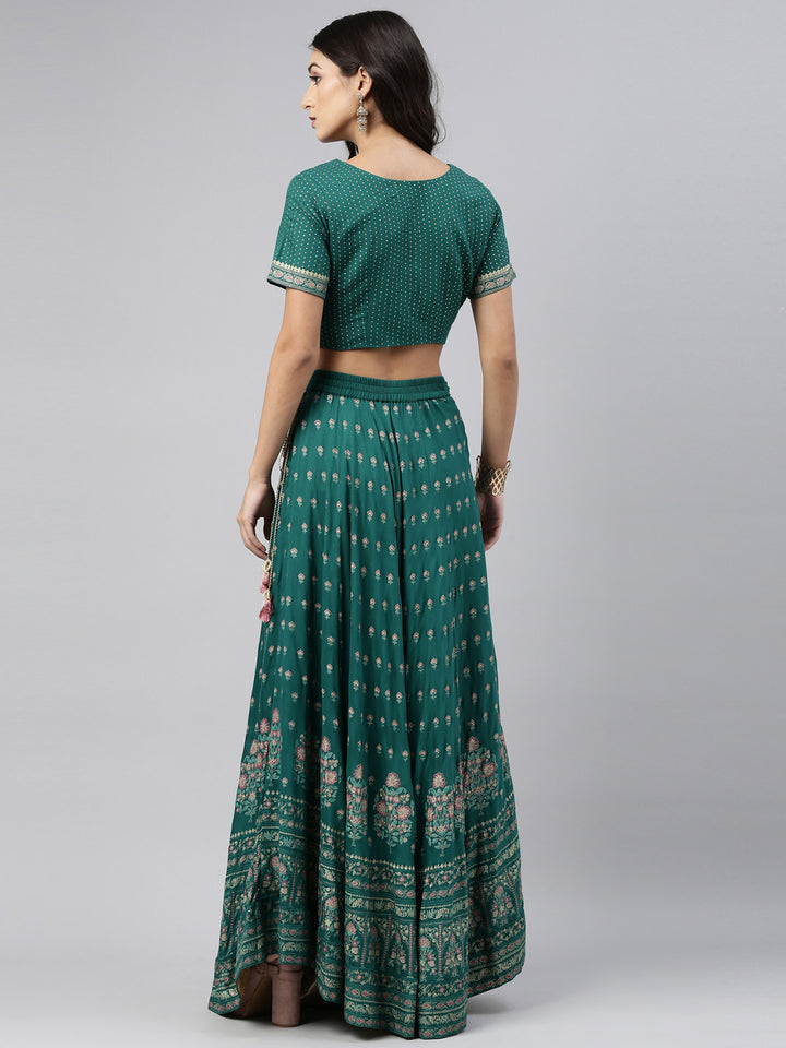 Neerus Green Color Rayon Fabric Crop-Top