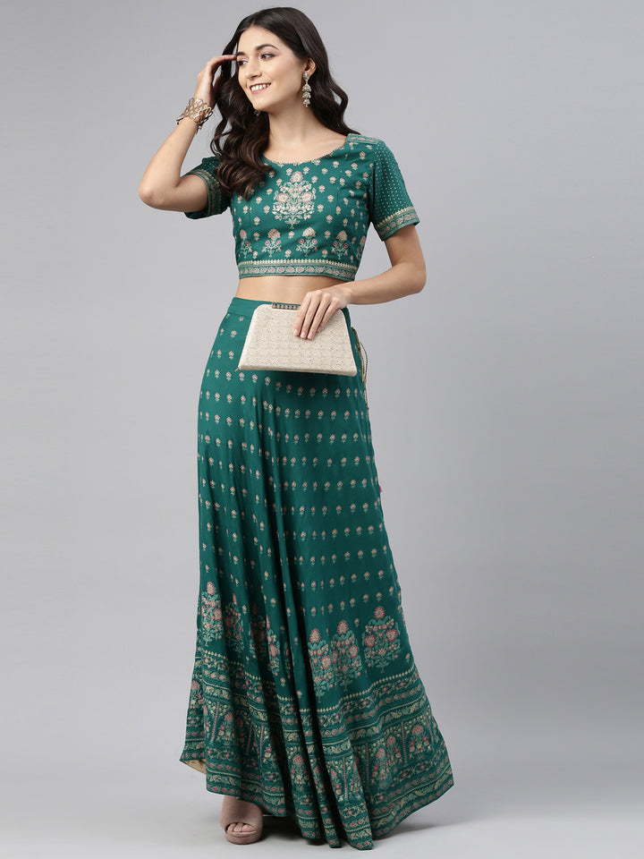 Neerus Green Color Rayon Fabric Crop-Top