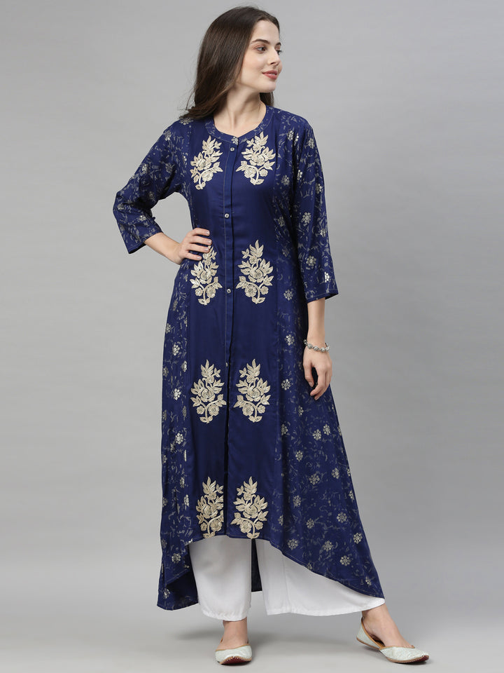 Neerus Blue Printed High Low Kurta