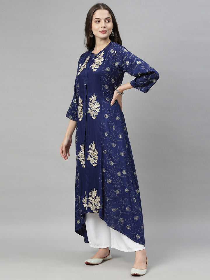Neerus Blue Printed High Low Kurta