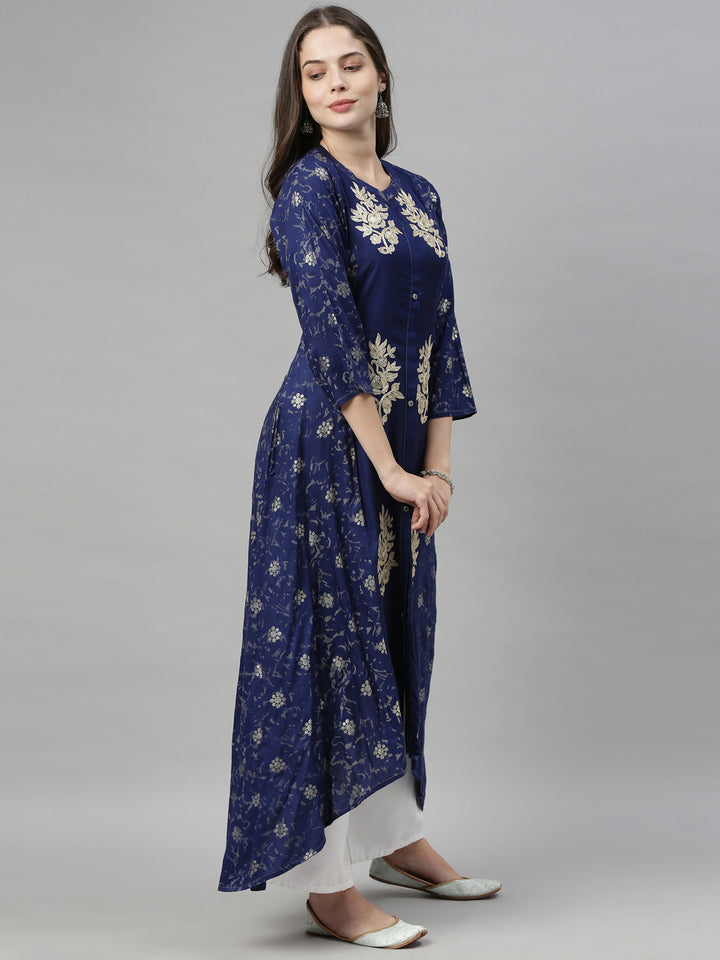 Neerus Blue Printed High Low Kurta