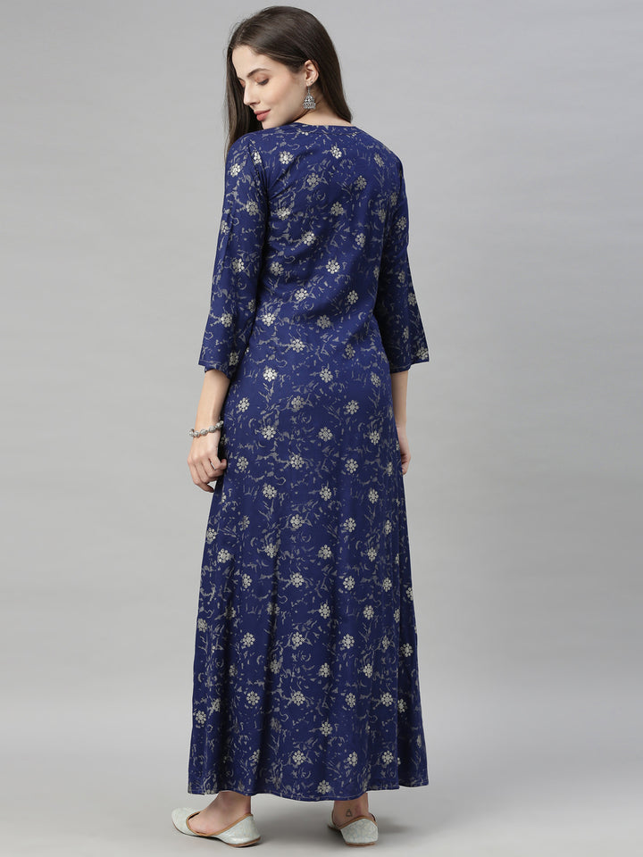 Neerus Blue Printed High Low Kurta
