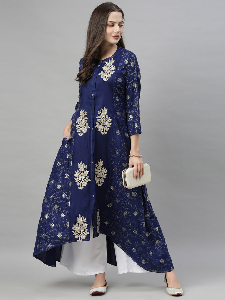 Neerus Blue Printed High Low Kurta