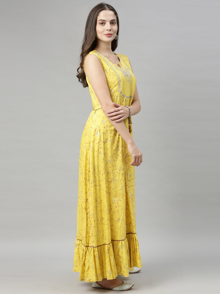 Neerus Yellow Zari Anarkali Kurta