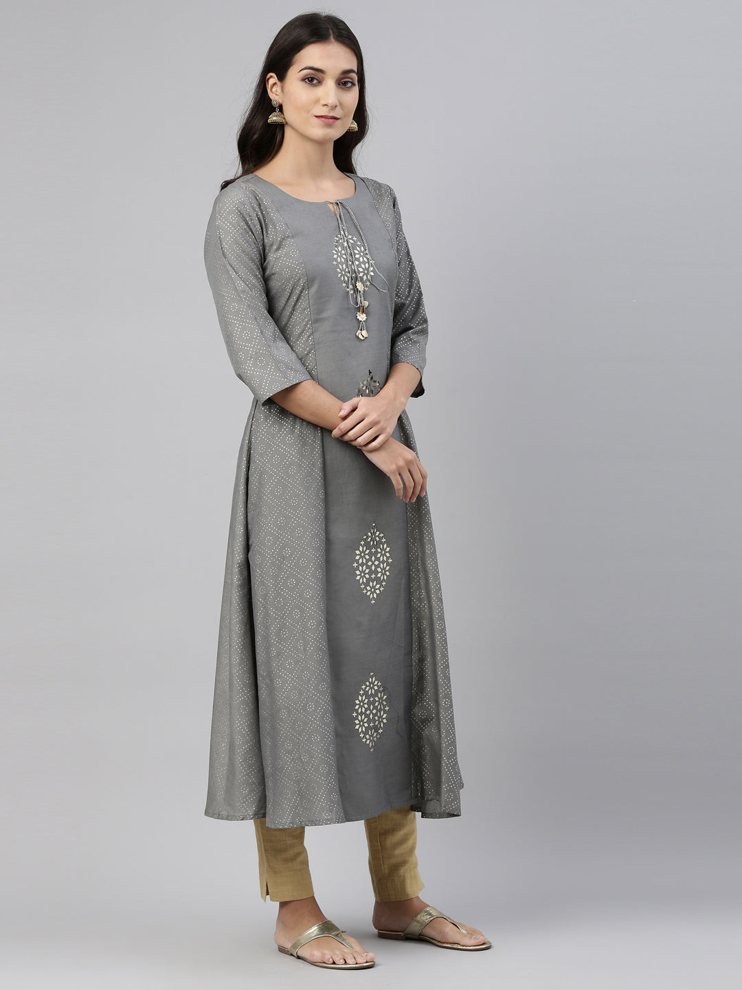 Neerus Grey Color Muslin Fabric Tunic