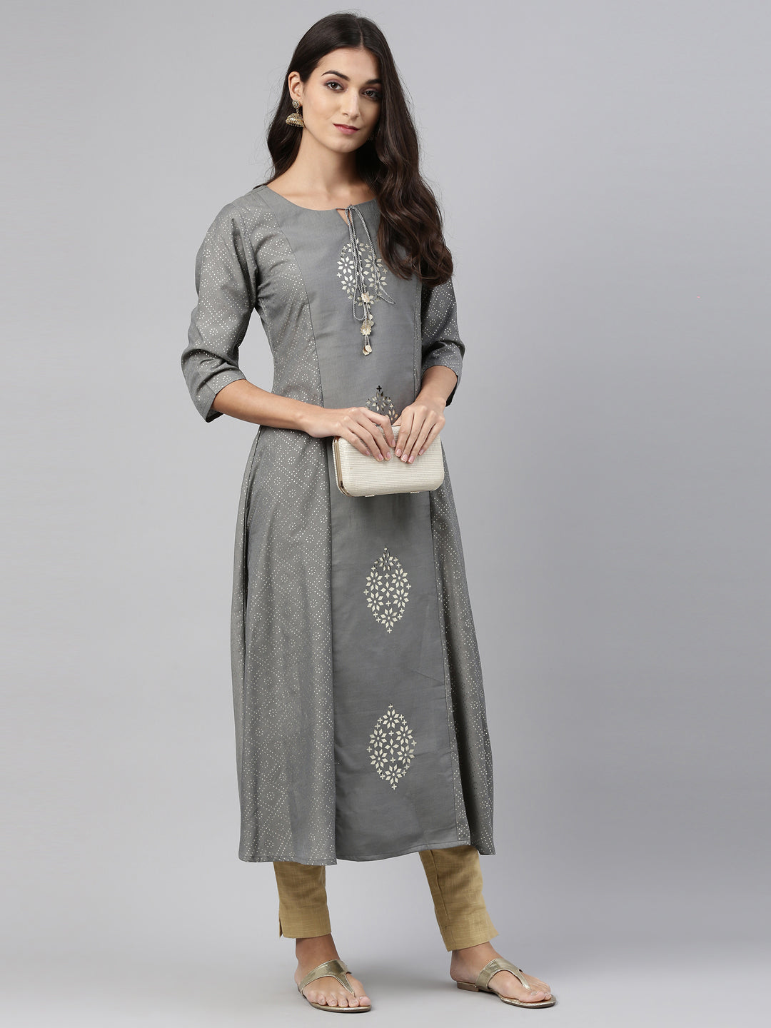 Neerus Grey Color Muslin Fabric Tunic