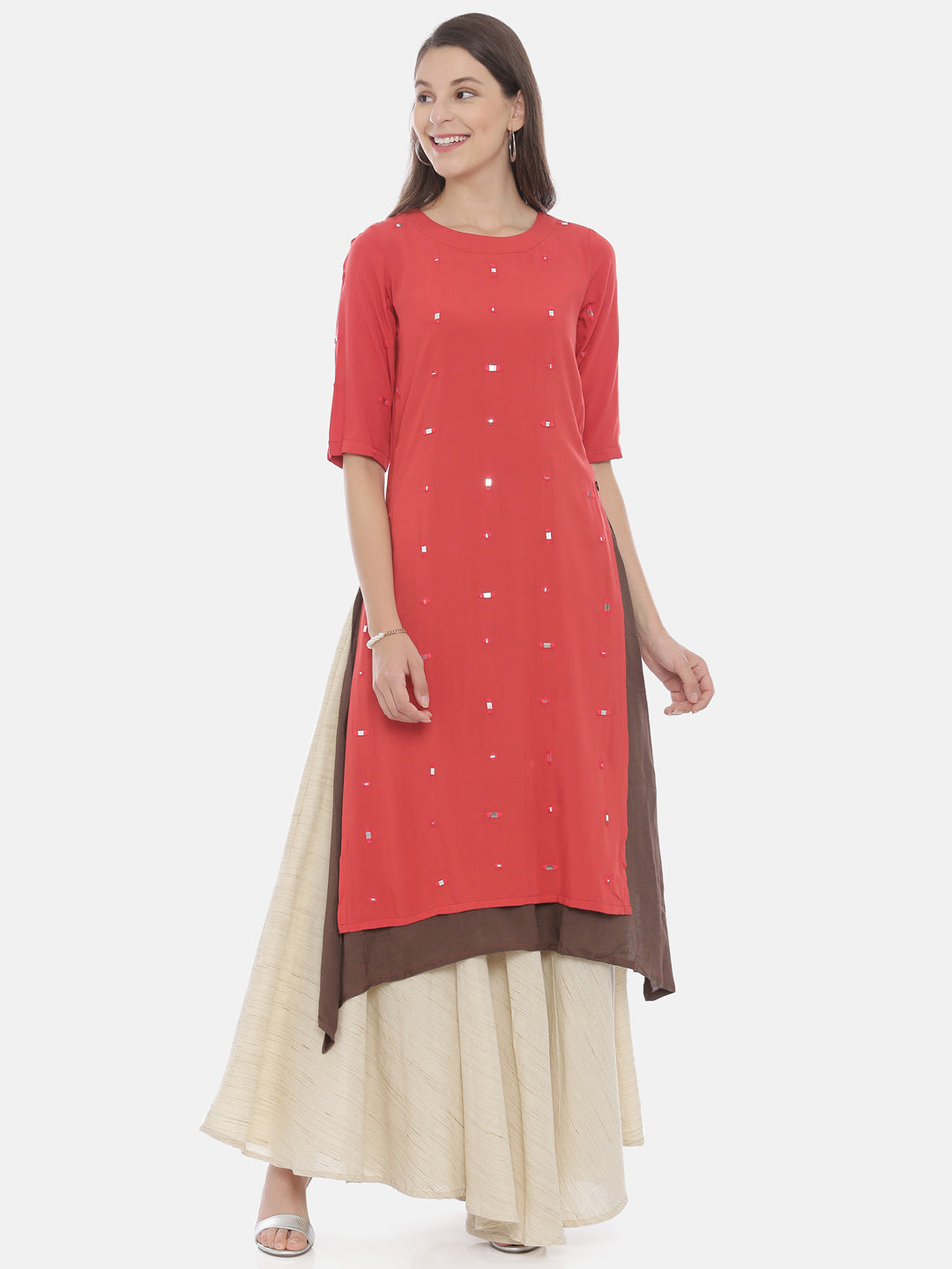 Neeru's Peach & Grey Embellished Kurta Skirt Set