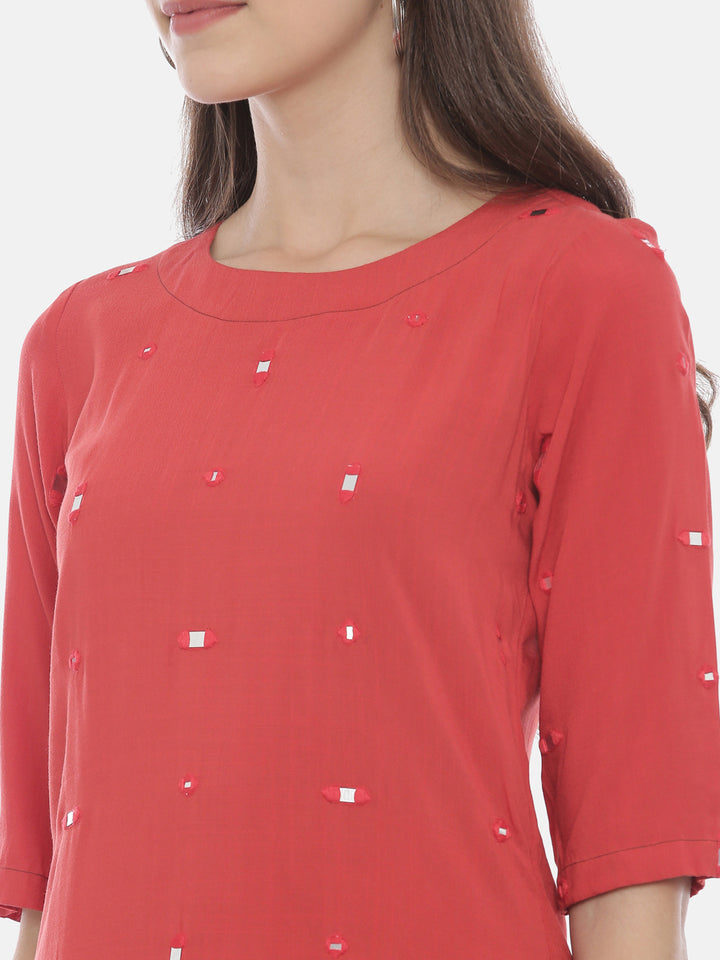 Neerus Pink rayon embellished kurta skirt set - back view