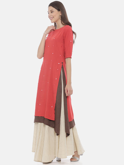 Neeru's Peach & Grey Embellished Kurta Skirt Set