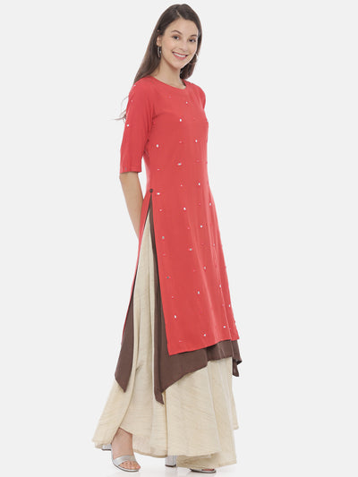 Neeru's Peach & Grey Embellished Kurta Skirt Set