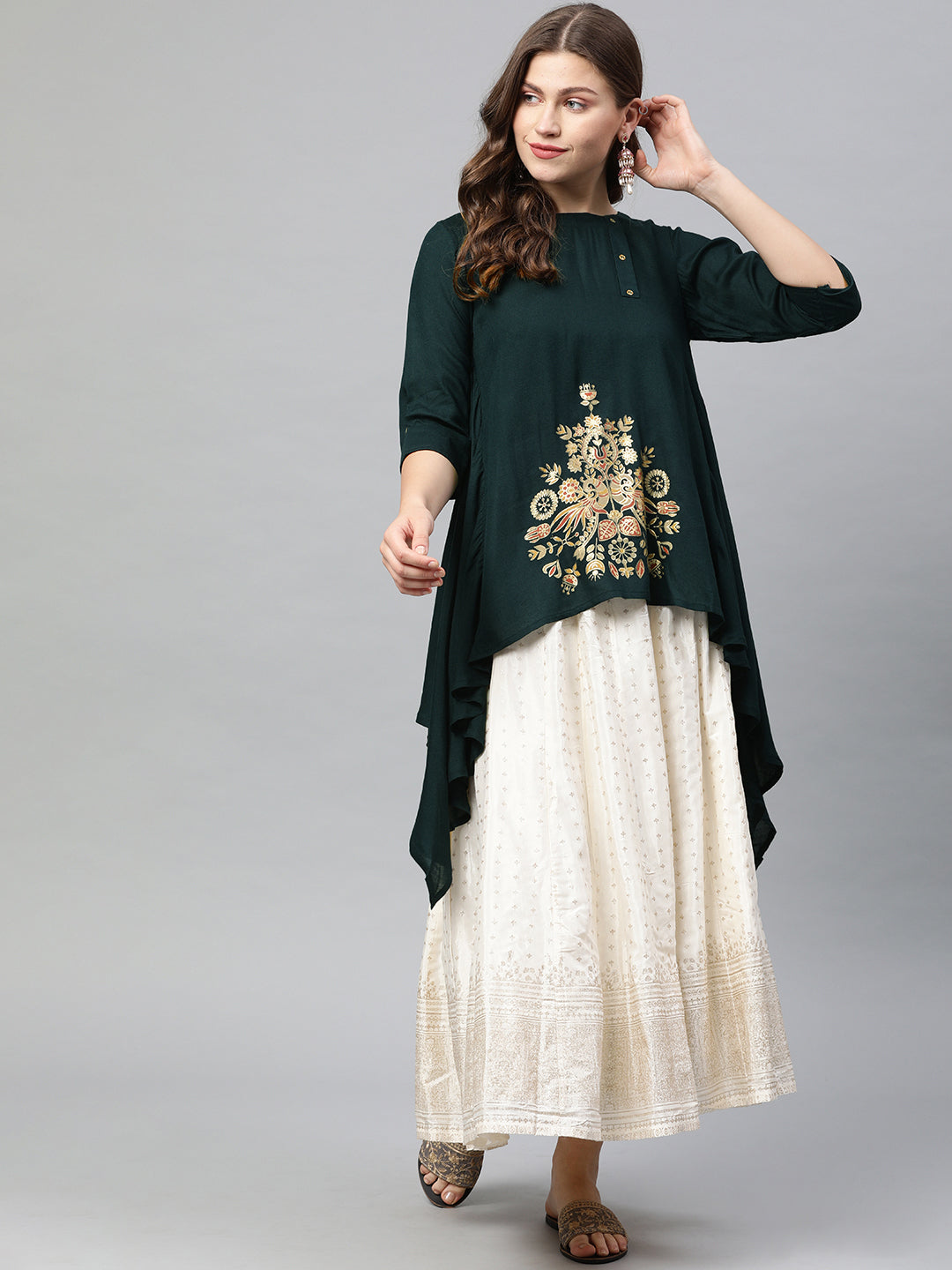 Neerus Green rayon printed A-line kurti - front view