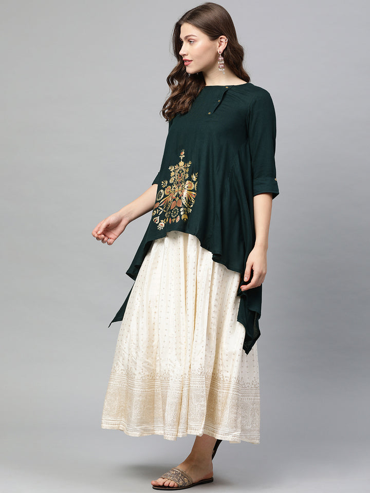 Neerus Green rayon printed A-line kurti - side view