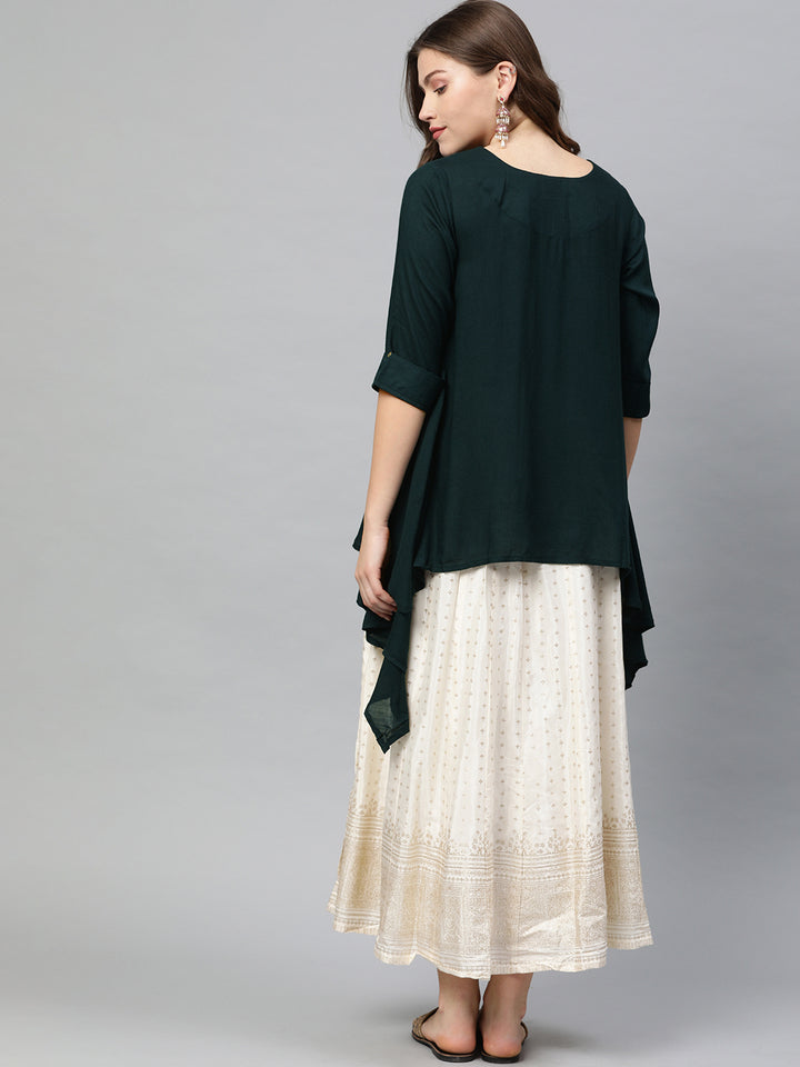 Neerus Green rayon printed A-line kurti - detail view 1