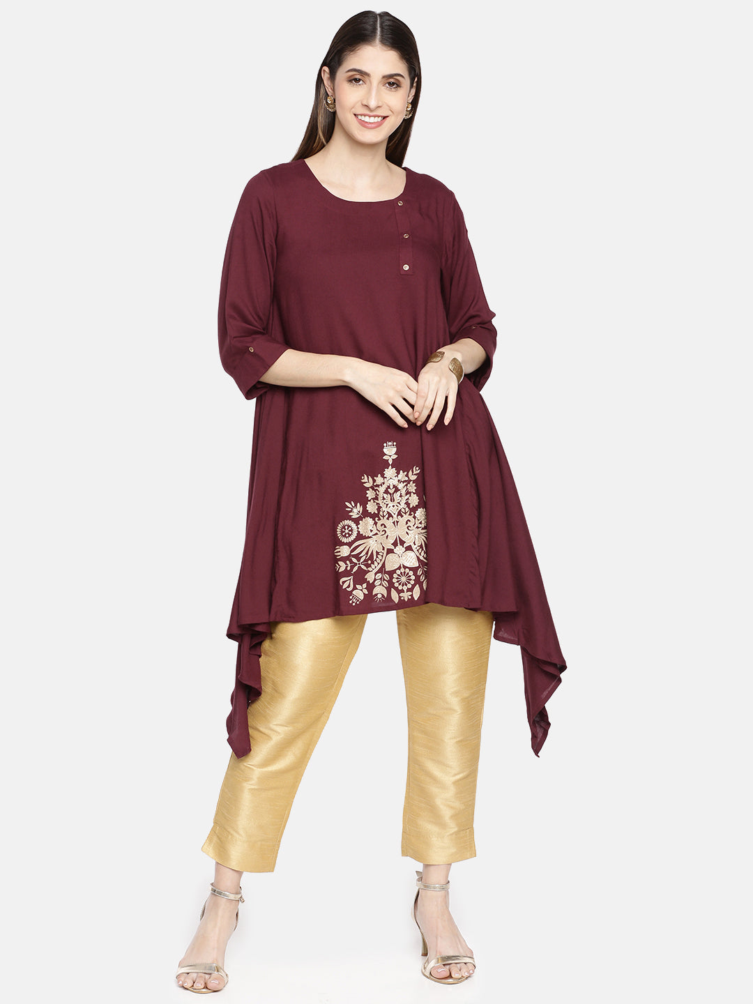 Neerus Maroon cotton printed A-Line kurta - front view