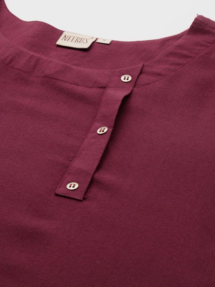 Neerus Maroon cotton printed A-Line kurta - back view
