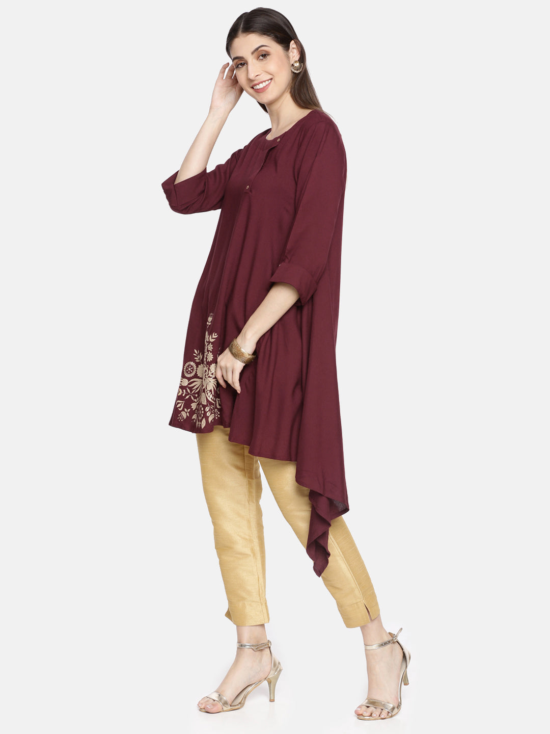 Neerus Maroon cotton printed A-Line kurta - detail view 1