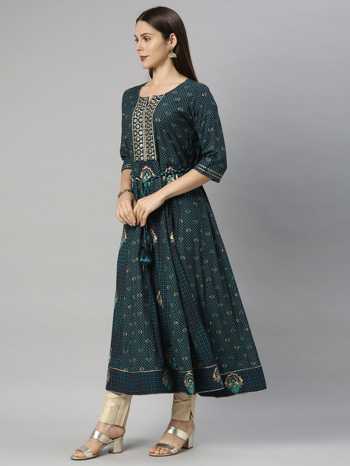 Neerus Blue Color Slub Riyon Fabric Tunic