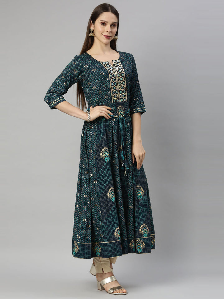 Neerus Blue Color Slub Riyon Fabric Tunic