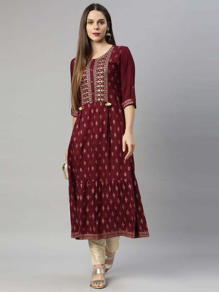 Neerus Maroon Color Slub Riyon Fabric Tunic